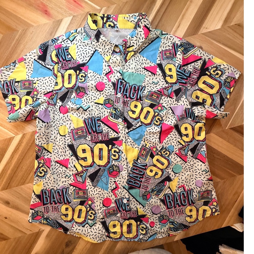 Retro 90s Graphic Print Shirt Short Sleeve "Back to‎ the 90s" "Forever Young" XL